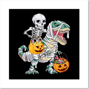 Skeleton Riding Mummy Dinosaur T rex Halloween Kids Boys Men Posters and Art